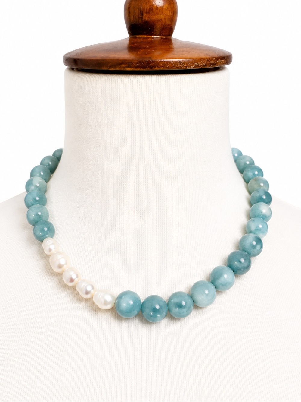 Handmade Aquamarine Bead Rainbow Stone Chunky Necklace with Freshwater Pearls